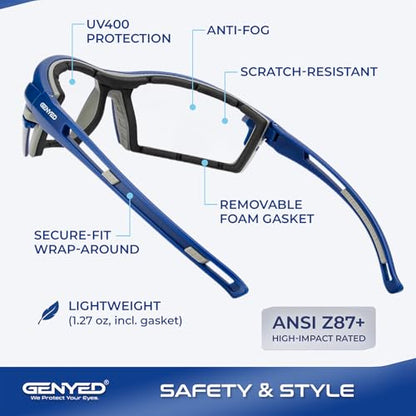GENYED Safety Glasses ANSI Z87+ with Removable Foam Gasket, Clear Lens, Anti-Fog, Scratch-Resistant, UV400 Wraparound Protective Eyewear for Work, Construction & DIY