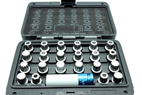 TEMO 23p Anti-Theft Wheel Lock Lug Nut Removal Key Socket A for VW Audi | Wheel Lock Nut Socket Adapter | Anti-Theft Screw Remover Repair Tool | Tyre Fitting, Garage Repair, Tire Change - size: 23pc VW set