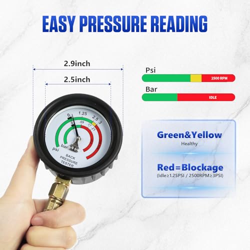 Exhaust Back Pressure Tester Kit for Automotive Diagnostics | 2.5 inch dial gauge; PSI & Bar dual units; M12/M18 adapters included; 6FT heat-resistant hose