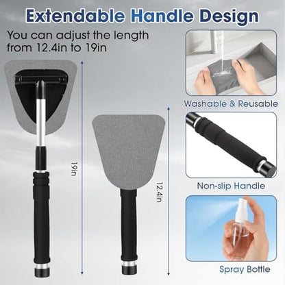 Gray Windshield Cleaner Tool, Car Interior Cleaning Kit with Extendable Handle and 3 Reusable Microfiber Pads, Auto Glass Wiper and Detailing Brush Kit for Car & Home Window - color: Gray