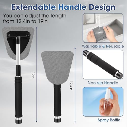Gray Windshield Cleaner Tool, Car Interior Cleaning Kit with Extendable Handle and 3 Reusable Microfiber Pads, Auto Glass Wiper and Detailing Brush Kit for Car & Home Window - color: Gray