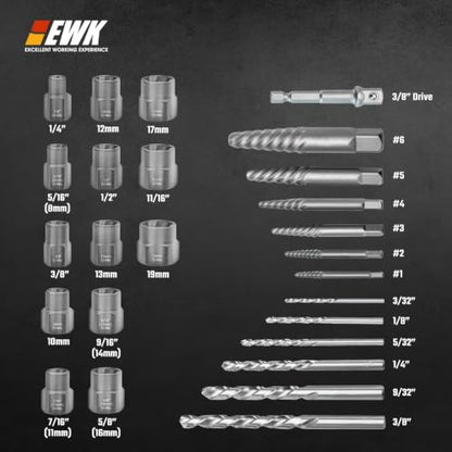 EWK 26-Piece Screw and Bolt Extractor Set, Spiral Screw Extractors, Twist Drill Bits, and Bolt Extractor Sockets for Stripped Screws, Broken Bolts, Rusted Fasteners, and Damaged Hex Heads - style: 26 Pcs Screw Extractor & Drill Bit Sets