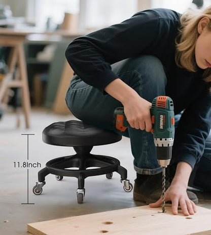 Upgraded Low-Profile Rolling Stool with 360° Smooth Rubber Wheels – Heavy-Duty 450lbs, Puffed PU Seat & Anti-Tip Base | Ideal for Home, Office, Salon, Workshop, Mechanic, Garage, Black - style: Puffed Black Seat Black Frame