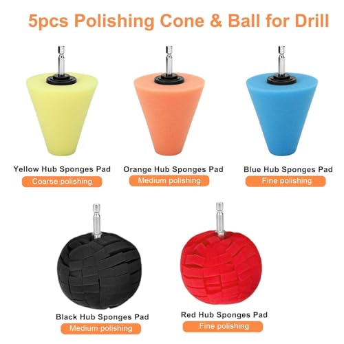 6PCS Car Wheel Hub Drill Polishing Cone Sponges, Polishing Balls, with 1/4" Hex Extension Holder, Buffing Tool for Cars Wheel Rim and Hub, Exhaust Tips, Aluminum, Chrome, Metal