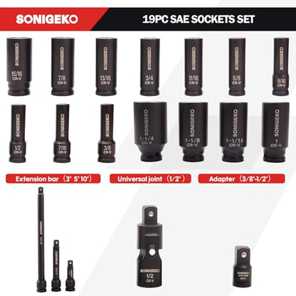 19-Piece 1/2" Drive Impact Socket Set | Deep, SAE CR-V Steel Sockets with Extension Bars, Universal Joint and Adapter - size: 19 PCS, 1/2" Socket Set, SAE