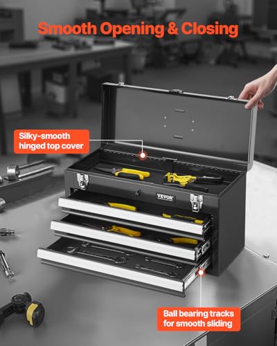 VEVOR Metal Tool Box, 20.5-inch, Portable Metal Tool Box with 3 Drawers, Small Tool Chest with EVA Liners, Ball Bearing Slide Drawers Locking & Powder Coated Finish, Multi-Function Tool Organizer - size: 3 Drawers-Black