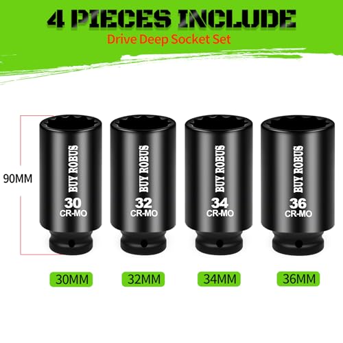 1/2 Drive Deep Axle Nut Impact Socket Set,12 Point Socket Set Metric, CR-MO, 30mm, 32mm, 34mm, 36mm, 4-Piece 1/2" Heavy Duty Socket Set (12 point can also be used at 6 point) - size: 12 Point 4Pcs 1/2" Metric Impact Socket Set