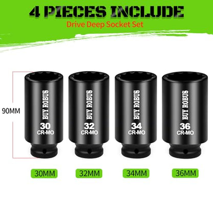 1/2 Drive Deep Axle Nut Impact Socket Set,12 Point Socket Set Metric, CR-MO, 30mm, 32mm, 34mm, 36mm, 4-Piece 1/2" Heavy Duty Socket Set (12 point can also be used at 6 point) - size: 12 Point 4Pcs 1/2" Metric Impact Socket Set