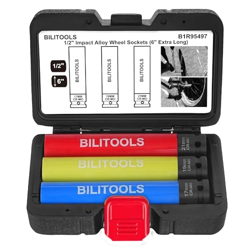 BILITOOLS Extra Long Impact Socket Set, 1/2" 17/19/21mm Lug Nut Socket Set | 3PCS Socket Set CR-MO steel, 6" Length, 6-Point Flank Drive, Color-Coded, Scratch-Proof Sleeve, fits Impact Wrenches - size: 17 19 21 mm