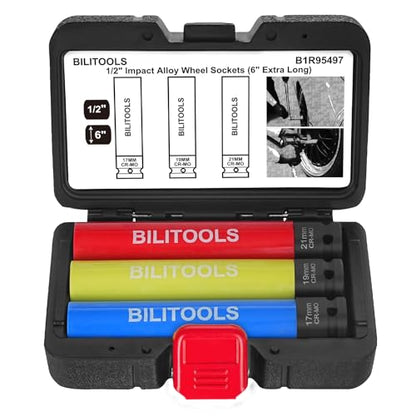 BILITOOLS Extra Long Impact Socket Set, 1/2" 17/19/21mm Lug Nut Socket Set | 3PCS Socket Set CR-MO steel, 6" Length, 6-Point Flank Drive, Color-Coded, Scratch-Proof Sleeve, fits Impact Wrenches - size: 17 19 21 mm