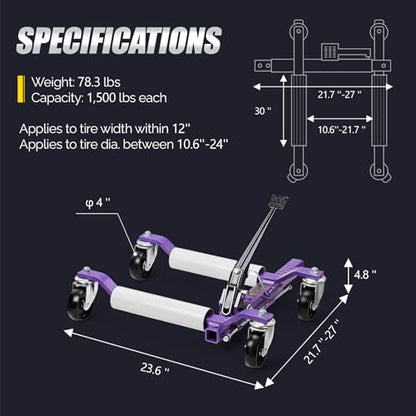 TUFFIOM Car Wheel Dolly Set of 4, Mechanical 6000-lbs Car Dollies, 12'' Wheel Vehicle Positioning Jack, No Assembly, Heavy Duty Rollers w/Ratcheting Foot Pedal, for Tire Auto Repair, Purple - color: Purple-Silver,Set of 4