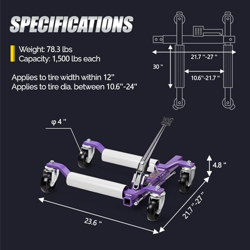 TUFFIOM Car Wheel Dolly Set of 4, Mechanical 6000-lbs Car Dollies, 12'' Wheel Vehicle Positioning Jack, No Assembly, Heavy Duty Rollers w/Ratcheting Foot Pedal, for Tire Auto Repair, Purple - color: Purple-Silver,Set of 4