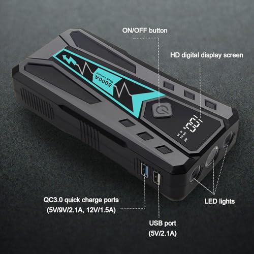 5000A Car Jump Starter for Truck SUV Boat Diesel | 12V 10L Gas/9L Diesel Battery Booster, 12000mAh Power Bank Fast Charge, 9-Layer Smart Clamps, 3-Mode LED, Portable Hard Case - color: black