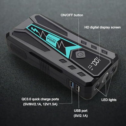 5000A Car Jump Starter for Truck SUV Boat Diesel | 12V 10L Gas/9L Diesel Battery Booster, 12000mAh Power Bank Fast Charge, 9-Layer Smart Clamps, 3-Mode LED, Portable Hard Case - color: black