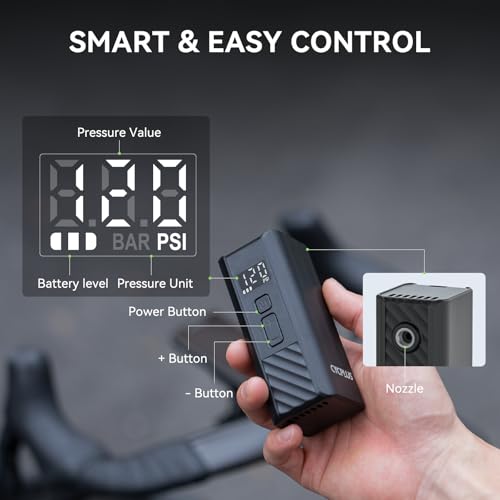 CYCPLUS Electric Bike Pump, A3Mini, 120 PSI, Brushless Motor, with Display | Pocket-size, 212g, 2000mAh, Fast Inflation. Presta and Schrader Valve，Auto Off, for Road Bikes, MTB, E-Bikes and Motorcycles