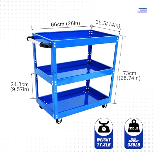 3 Tier Rolling Work Cart on Wheel Small Utility Cart | Heavy Duty Metal Shop Carts Organizer Mobile Tool Storage Service Small Work Cart for Maintenance Garage Mechanics Industrial