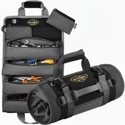 Ryker Original Heavy Duty Roll Up Tool Bag Organizer w/Detachable Pouches | Small Tool Kit Pouch Work Bag for Contractor, Mechanic, Technician, Electrician & HVAC Tools. Portable Camping Rollup Toolbag - color: Black
