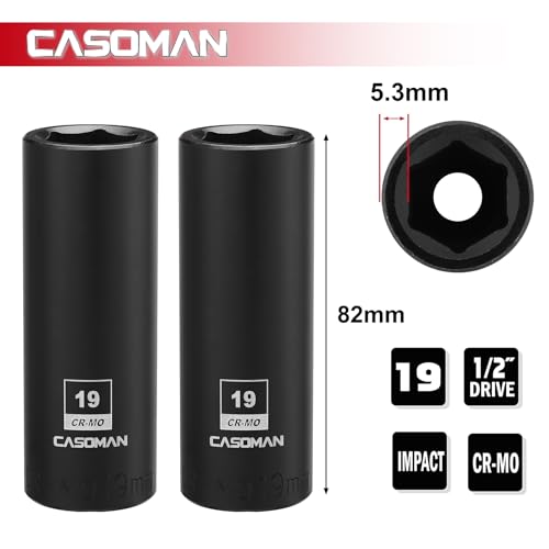 CASOMAN 2PCS 1/2-Inch Drive Deep Impact Socket-19mm, 6-Point, Metric, CR-MO - size: 19 mm, style: 6-Point Socket