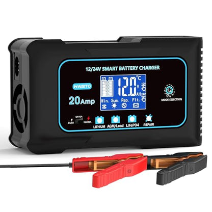 Haisito 20-Amp Smart Battery Charger (Lithium LiFePO4 & Lead-Acid), 12V/24V Rapid Automotive Car Charger with Temperature Compensation - Trickle Maintainer for Boat, Truck, RV, Lawn Mower, Marine