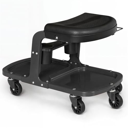 Magshion Garage Shop Roller Seat with Built-in Tool Holder & Tray – Heavy-Duty 350 Lbs Capacity Mechanics Rolling Stool with Wheels for Workshop & Auto Repair (Black) - color: Black, size: 26.5"x17.5"