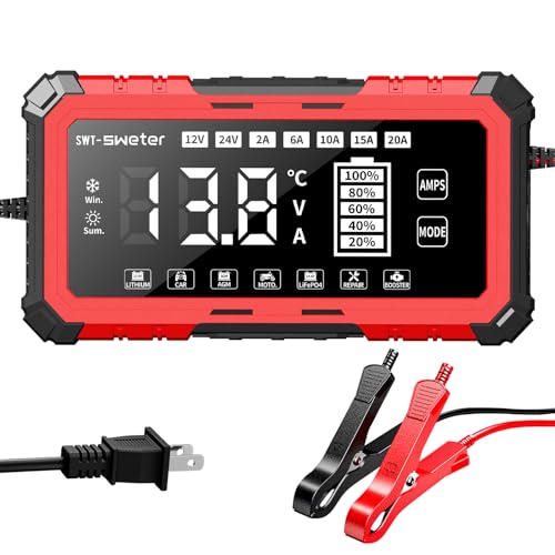 20A Smart Car Battery Charger & 12V/24V Maintainer with 200s Booster -Adjustable Amp Trickle Charger for Lead-Acid, AGM, Gel, LiFePO4 Compatible with 12.6V Lithium-Ion (NMC)