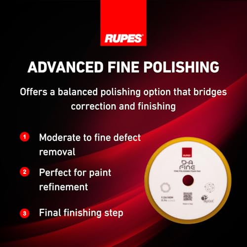 RUPES 9.DA180M Pack of 12 Yellow D-A Fine Finishing Foam Pads 180mm | Ideal for Paint Correction | Moderate to Fine Defect Removal | Compatible with 6" Backing Plate - size: Fine 180mm, style: Pack of 12