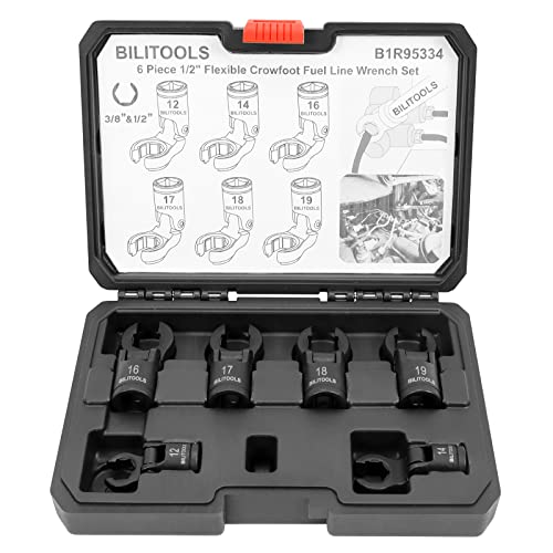 BILITOOLS 6PCS Flex Head Crows Foot Line Wrench Set, 3/8" & 1/2" Drive | Injector Fuel Line Sockets Wrench Set, Crowfoot Flare Nut Socket Wrench, Metric 12 14 16 17 18 19 mm, Storage Box - style: Short Flex Head Wrench Set