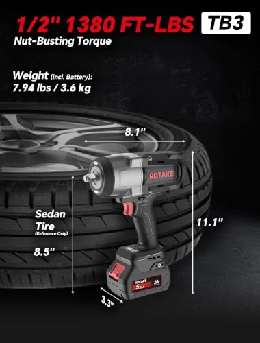ROTAKE 20V Heavy-Duty 1/2" Cordless Impact Wrench Kit, 1380 FT-LBS, TB3 | 5.0Ah Battery, Professional Brushless Motor, 3-in-1 Unibody Hammer Housing, Soft Start, 4A Rapid Charger, Hard Carrying Case - size: 1/2" (1380 ft-lbs) TB3