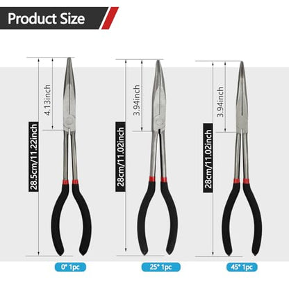 3-Piece 11" Precision Long Nose Pliers Set with Insulated Comfort Grip Handles,Straight Long Needle Nose Pliers,25/45 Degree Angle Curved Pliers for Wire Bending,Shaping,Trimming - size: 3pcs-Straight/25/45