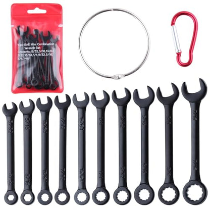 10PCS Mini Wrench Set Standard SAE 5/32"-7/16" | Black Electrophoretic Coating, Portable Pouch and Key Rings, Ignition Wrenches Open End and Box End Combination Wrench Set - size: SAE