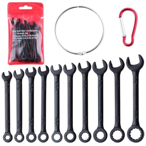 10PCS Mini Wrench Set Standard SAE 5/32"-7/16" | Black Electrophoretic Coating, Portable Pouch and Key Rings, Ignition Wrenches Open End and Box End Combination Wrench Set - size: SAE