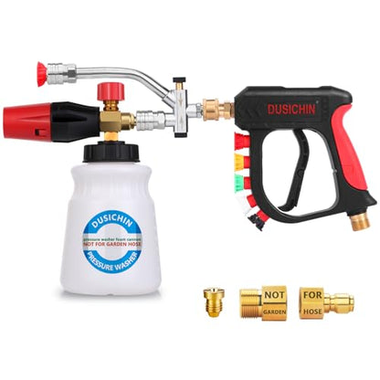 DUSICHIN Pressure Washer Short Gun Foam Cannon 1/4" Quick Connector,Car Wash Foam Gun Kit Dual Connector Accessory,Double Tip Attachment For Soap Cannon with 5 Nozzle Tips DUS2501