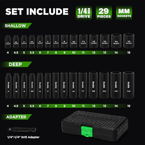 TecoTek 29 Pieces 1/4-Inch Drive Shallow and Deep 12-Point Impact Socket Set, CR-V, 4-15mm Metric, 1/4"-1/4" Drill Adapter - size: 4 - 15 mm (29 PCS)
