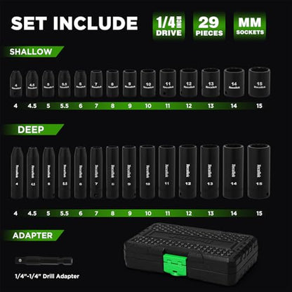 TecoTek 29 Pieces 1/4-Inch Drive Shallow and Deep 12-Point Impact Socket Set, CR-V, 4-15mm Metric, 1/4"-1/4" Drill Adapter - size: 4 - 15 mm (29 PCS)