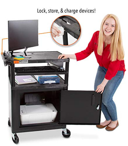 Line Leader Plastic AV Cart with Keyboard Tray and Locking Metal Cabinet, Heavy Duty Mobile Workstation with 4 Rolling Casters, 2 Locking Brakes, Heavy Duty, Holds up to 100 lbs (34 Inch w Cabinet) - color: 2 Shelves W/ Cabinet & Keyboard Tray
