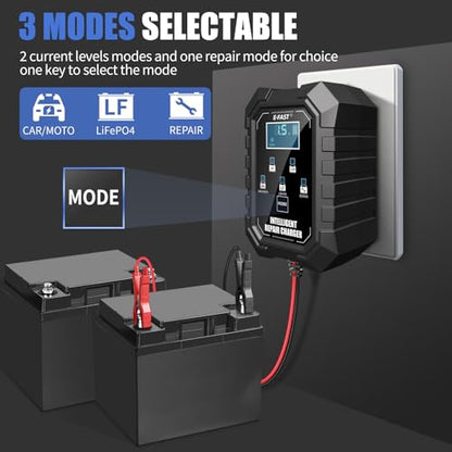 E-FAST 1.5A Smart Car Battery Charger,Lifepo4 Lead Acid 6V and 12V Automotive Charger,Automobile Trickle Charger,All in 1 Battery Maintainer,for Motorcycle AGM Lawn Mower Boat Marine Batteries