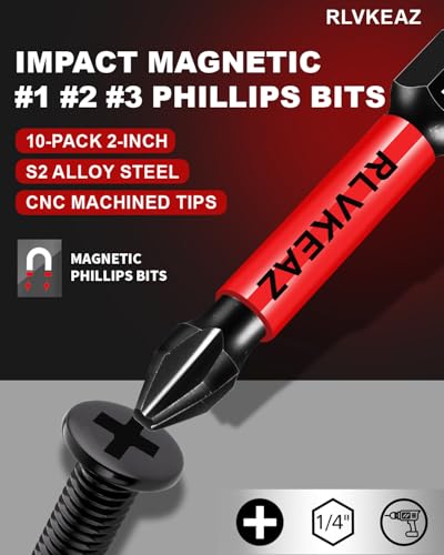 10-Pack Phillips Bits #1#2#3 Impact Magnetic, 2 Inch Phillips Head Drill & Screwdriver Bits Set, Premium S2 Steel, 1/4" Hex-Shank, (PH1/PH2/PH3) for Power Drill, Professional & DIY - style: #1#2#3 phillips bits 10pcs