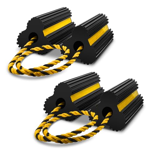 ROBLOCK 2 Pairs Wheel Chocks Heavy-Duty Rubber Wheel Block Non-Slip Base with Nylon Rope Yellow Reflective Tape - 4 Pack Wheel Stopper for Travel Trailers, Car, Camper, Truck, Black - color: 4pack