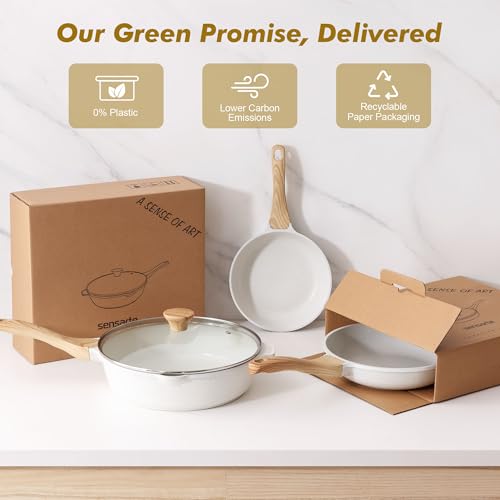 SENSARTE Nonstick Frying Pan Skillet with Lid 3.5/4.5/5QT, Ceramic Saute Pan,Deep Fring Pan Non-toxic Cooking Pot, Stay-cool Handle, Induction Compatible, PFAS Free - color: Ceramic White, size: 11-inch/4.5QT