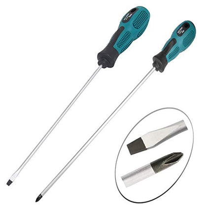 12" Long Screwdriver Set, Phillips and Slotted Magnetic Screwdriver -2Pcs | 12 inches PH1 Cross-head Magnetic Screwdrivers Flat Blade , with Rubber Handle