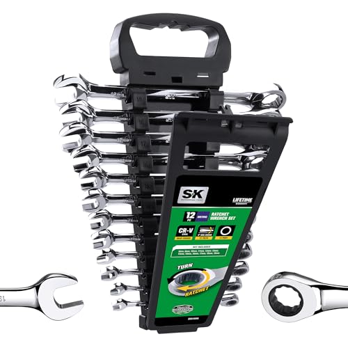 SK Ratcheting Wrench Set, Combination Wrench Set, 12-Piece, Metric 8 to 19mm, 72-Tooth, Premium CR-V Construction, with Rack Organizer - size: Metric