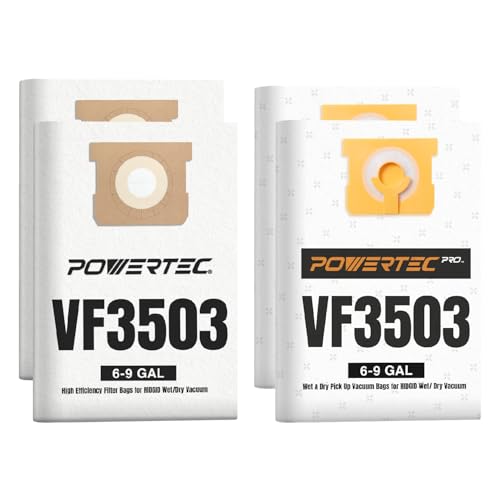 POWERTEC VF3503 Size B Shop Vac Bags Set for Ridgid 4 Pack for Wet + Dry Pickup, 6-9 Gal. Water Resistant & Dry Debris Dust Bags Set (2 of each) for Ridgid HD9000 & Workshop WS32090F2 Wet Dry Vac - size: VF3503 (Size B), style: Wet & Dry Use Set (4PK)