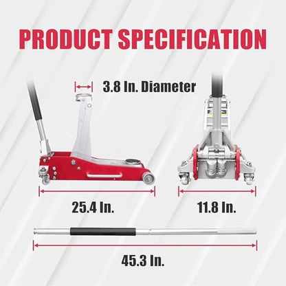 Mustmover 3 Ton (6,600 lbs) Low Profile Aluminum Hydraulic Racing Floor Jack with Dual Piston Quick Lift Pump, Lifting Range 3.74" to 18.9", for Cars, Trucks and SUVs, Red - color: red