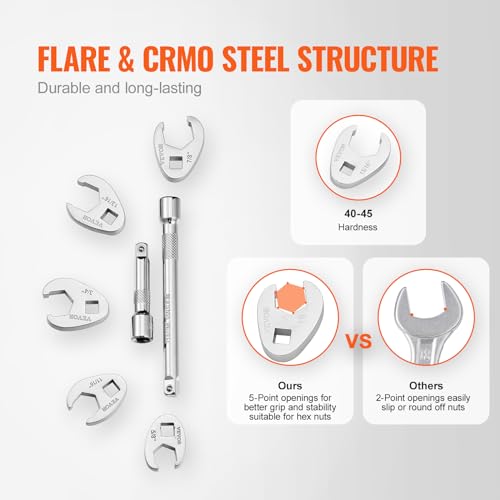 VEVOR 3/8" Drive Crowfoot Wrench Set with 2 Extension Bars, SAE 3/8"-1" and Metric 10-22 mm, CR-MO Steel Crowfoot Wrench Set, 24-Piece Crows Foot Wrench Set,with EVA Tool Organizer