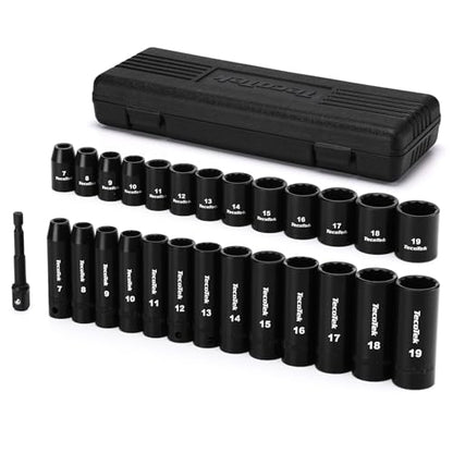 TecoTek 27 Pieces 3/8-Inch Drive 12-Point Metric Impact Socket Set, CR-V, 7mm to 19mm, Standard and Deep, 1/4"-3/8" Drill Adapter - size: 7mm-19mm(Deep & Shallow)