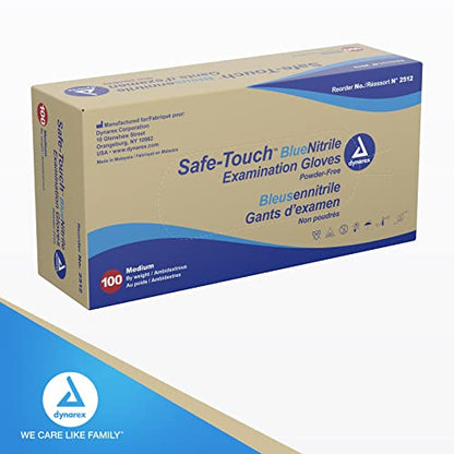 Dynarex Safe-Touch Disposable Nitrile Exam Gloves, Powder-Free, Latex-Free, Touchscreen Friendly & Used by Professionals, Blue, Medium, 1 Box of 100 Safe-Touch Disposable Nitrile Exam Gloves - size: Medium