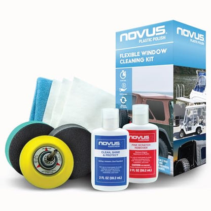 NOVUS Plastic Polish | Flexible Window Kit | One 3” Backing Pad for Drill, One 3” Green Foam Pad, One 3” Black Foam Pad, 1, 2, Three Polish Mate Wipes, One Microfiber Towel