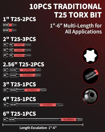 10-PCS T25 Torx Bits for Impact Driver, (1'' to 6'' Long) T-25 Star/Torx Bit Set, Premium Solid S2 Steel, Magnetic High-Torque, 1/4'' Hex-Shank for Auto Repair, Deck Building & DIY Projects - style: 10-PCS T25 Torx Bits 1'' to 6'' Long, T-25 Torx Bit Set