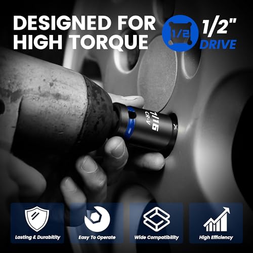 32-Piece 1/2" Drive Impact Socket Set with High-Vis Blue Rings & White Case, Deep SAE & Metric Sockets 10-24mm & 3/8"-1", Cr-V 6-Point Mechanic Tool Set with Extension Bars & Adapters