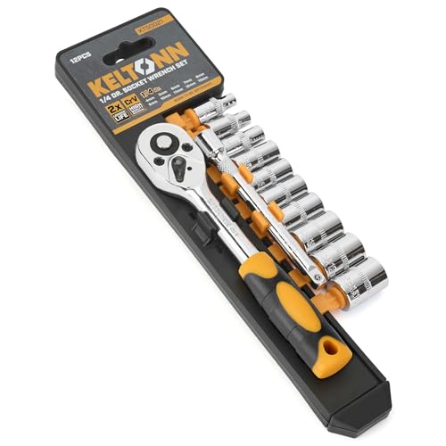 Ratchet Socket Wrench Set Metric, 12PCS Drive Mini Socket Kit with CR-V Steel Sockets (4–13mm) 1/4 Inch, Quick-Release Reversible Ratchet and Extension Bar for Automotive, DIY and Home Repair